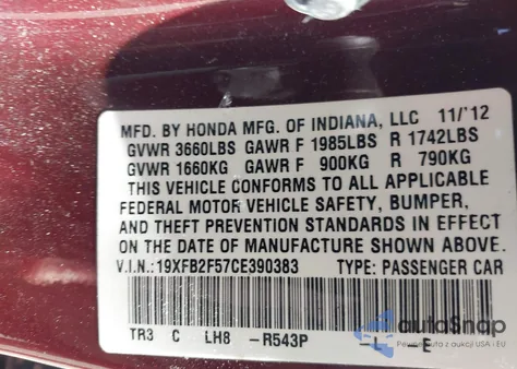 2012 Honda Civic Lx from USA, damaged, VIN 19XFB2F57CE390383